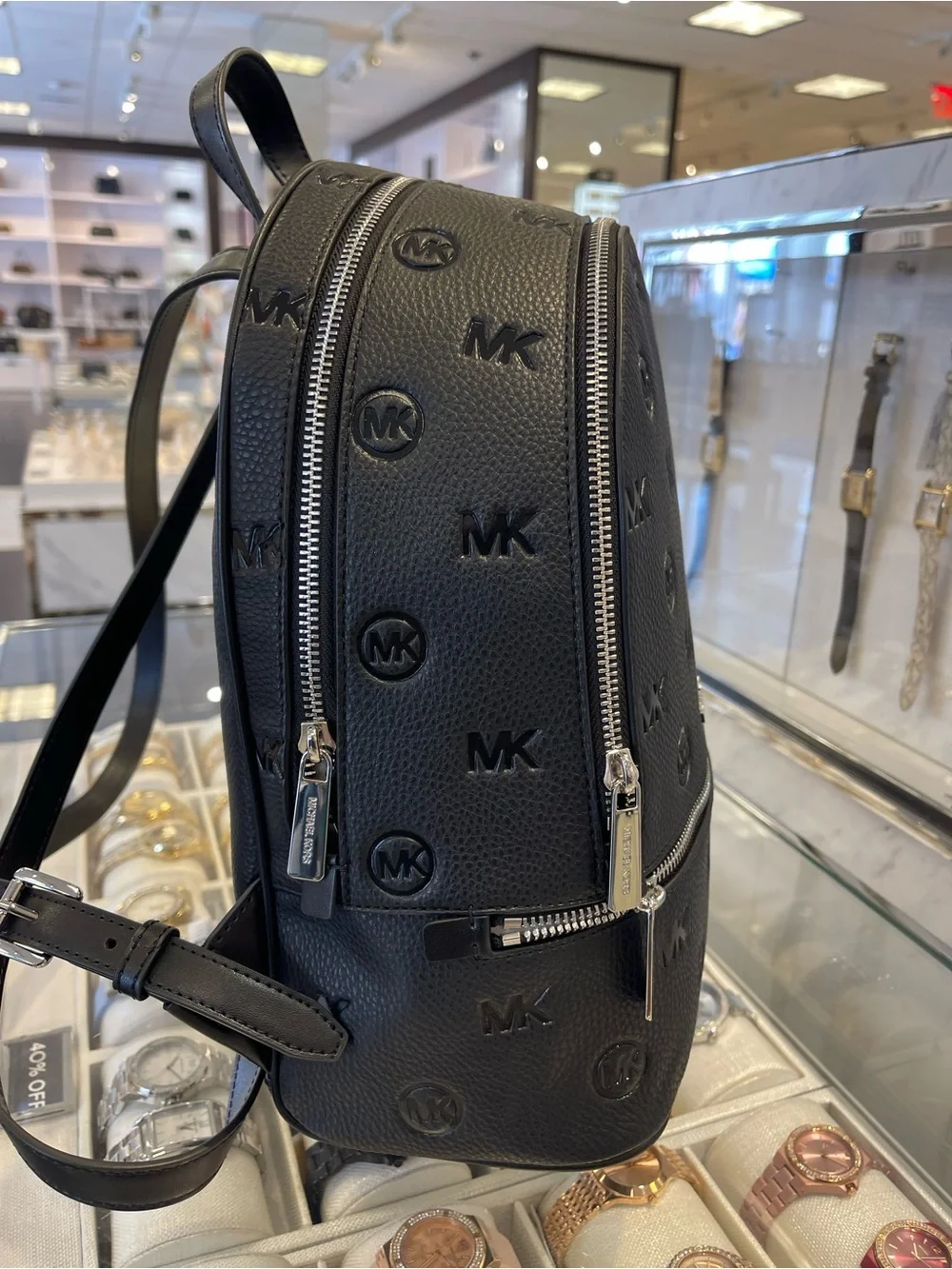 Michael Kors Rhea Medium Zip MK Logo Debossed Backpack Black NWT